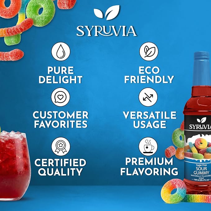 Syruvia Sugar Free Sour Gummy Flavored Syrup for Drinks, Cocktails, Lemonades, Iced Teas and Desserts – 25.4 fl oz, With Pump - Image 5
