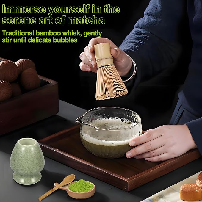 Bamboo Matcha Whisk Set 5Pcs, Matcha Whisk, Ceramic Whisk Holder (Green), Sifter, Traditional Tea Scoop and Tea Spoon, Japanese Matcha Ceremony, Gift for Matcha Lovers Beginner