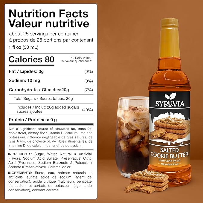 Syruvia Coffee Syrup, Salted Cookie Butter Flavored Syrup for Drinks, Lattes and Desserts – 25.4 fl oz, With Pump