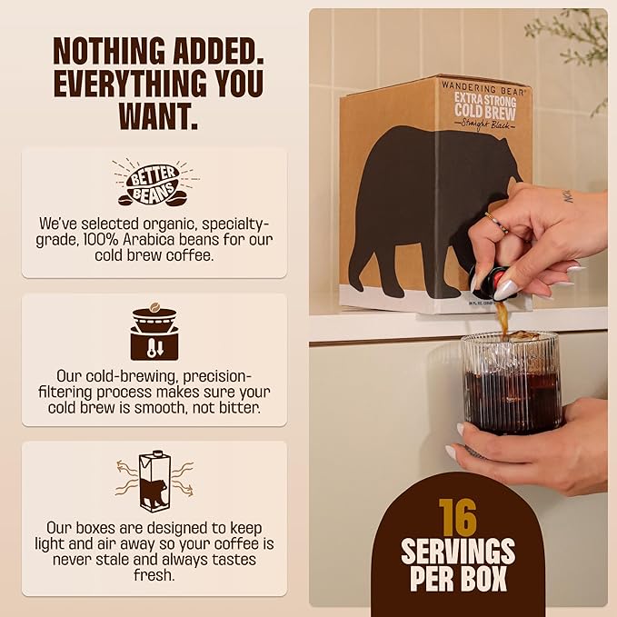 Wandering Bear Organic Mocha Cold Brew Coffee On Tap, Iced Coffee Drink - Extra Strong, Bold, Smooth, No Sugar Added, Shelf-Stable, Ready to Drink,Gluten Free & Vegan -16 Servings of 6fl.oz -96fl.oz