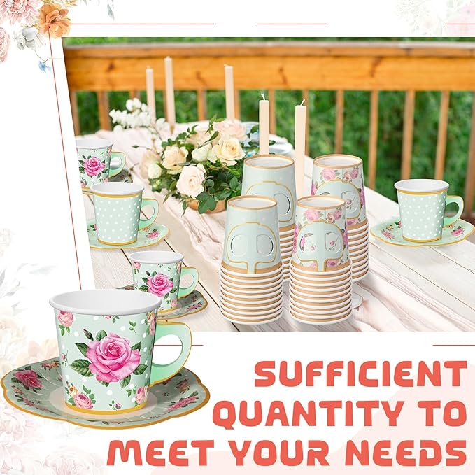 Umigy 36 Sets Tea Party Decorations 6.5 oz Floral Paper Tea Cups with Plates Paper Napkins Disposable Blossom Teacups and Saucers Sets for Girls Birthday Party Supplies(Green)