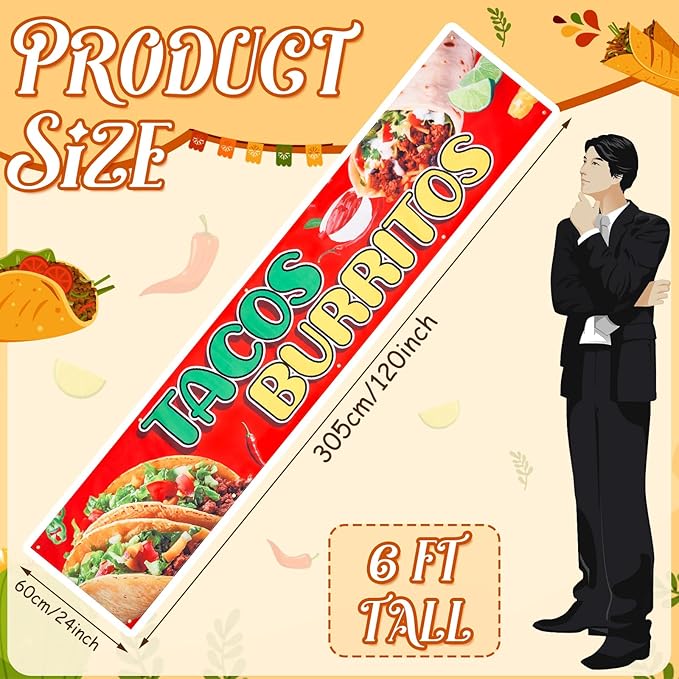 Tegeme Extra Large Tacos Burritos Banner Food Bar Oxford Fabric Display Banner with 10 Grommets for Restaurant Truck Business Snack Bar Sign, 24 x 120 Inch