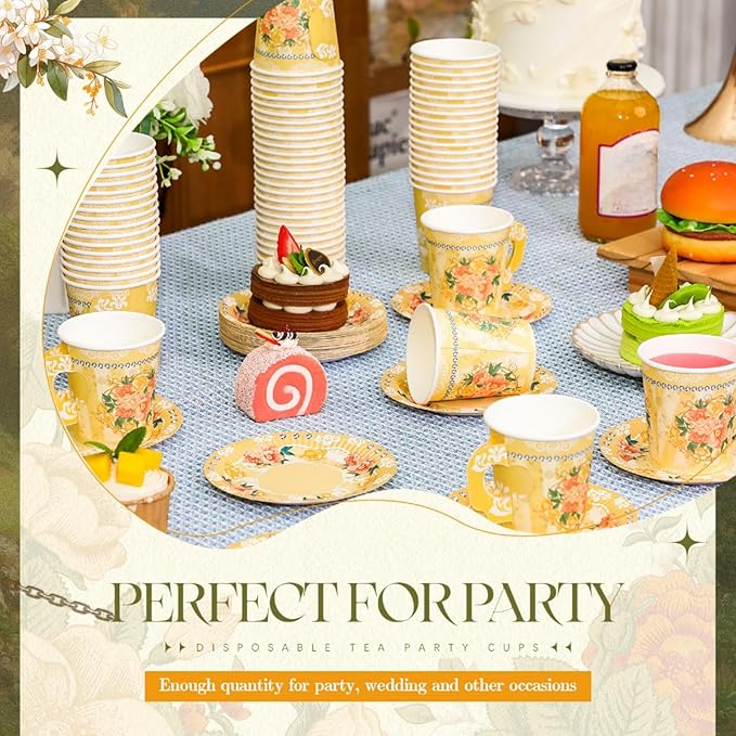 Nuogo 200 Pcs Floral Paper Tea Cups and Saucers 7 oz Disposable Tea Party Decorations Vintage Cute Paper Tea Cups and Plates with Handles for Girls Wedding Baby Bridal Shower Birthday, Serve 100