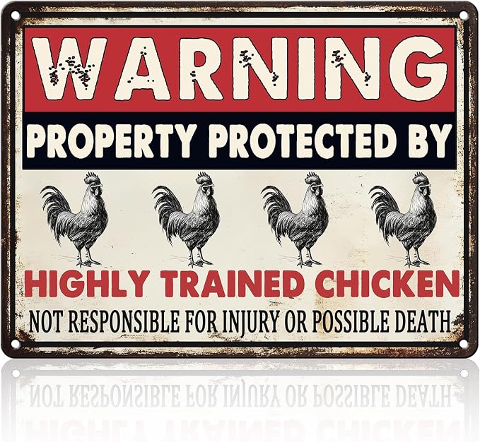 Warning This Property Is Protected By A Highly Trained Chicken Metal Sign Retro Tin Sign Wall Decor for Farmhouse Kitchen Cafe Home Yard 12×8 Inch by Unknown