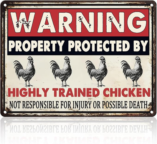 Warning This Property Is Protected By A Highly Trained Chicken Metal Sign Retro Tin Sign Wall Decor for Farmhouse Kitchen Cafe Home Yard 12×16 Inch by Unknown