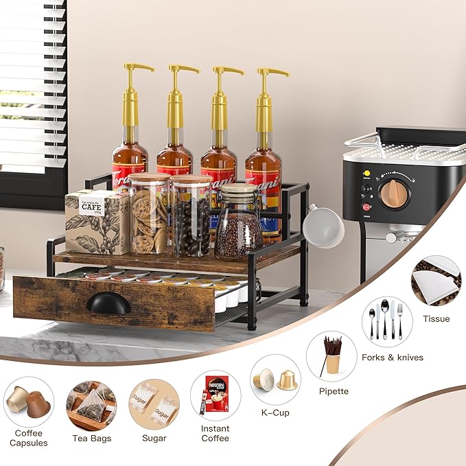 Coffee Syrup Rack Organizer, Coffee Pod Holder for Countertop, 8 Syrup Bottles Stand with Storage Drawer for 35 K Cups, Coffee Pod Drawer for Coffee Station, Home, Kitchen, Office, Dorm, Rustic Brown