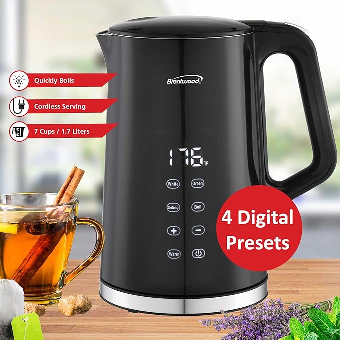 Brentwood 1100W 1.7L Cordless Cool Touch Digital Kettle with Stainless Steel Interior, Temperature Control with 4 Presets, 360° Base, Auto Shut-Off, Keep Warm, & Boil Dry Protection (Black, 7.2 Cups)
