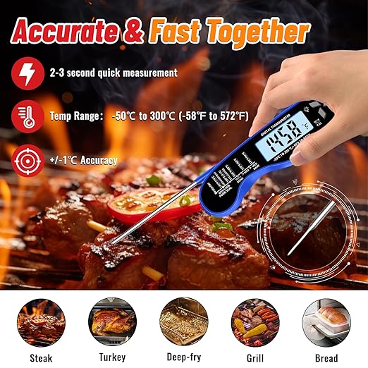 Stocking Stuffers for Men Women Adults: Meat Thermometer, IP67 Waterproof Digital Meat Thermometer with Backlight, Hold Function & Magnet for Grill, BBQ, Candy, Beef,Turkey