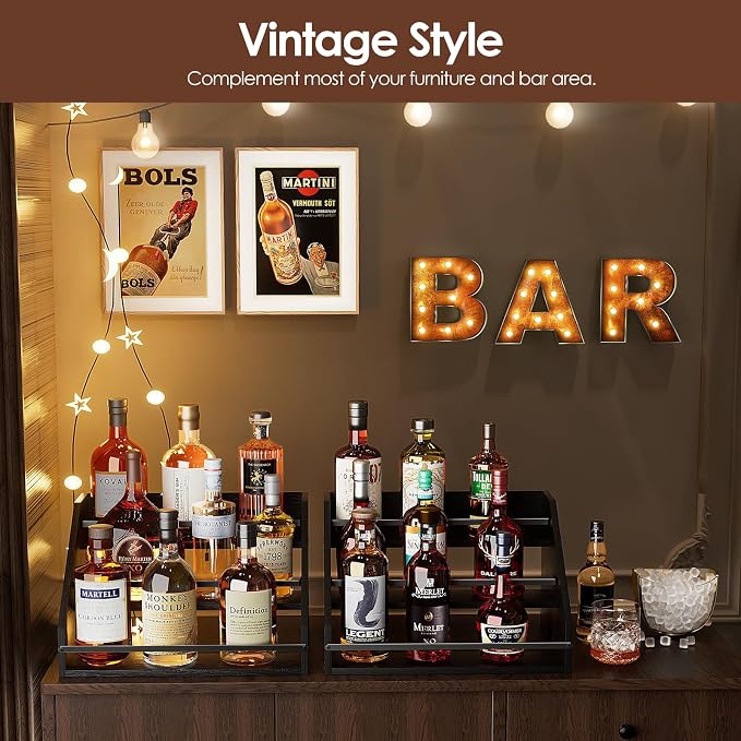 Nuovoware Liquor Bottle Display Shelf, 3 Step Countertop Liquor Wine Rack, Home Retro Shelf Stand for Mini Bar, Cabinet, Bar Essentials for Whiskey, Spirits, Coal Black - Image 5