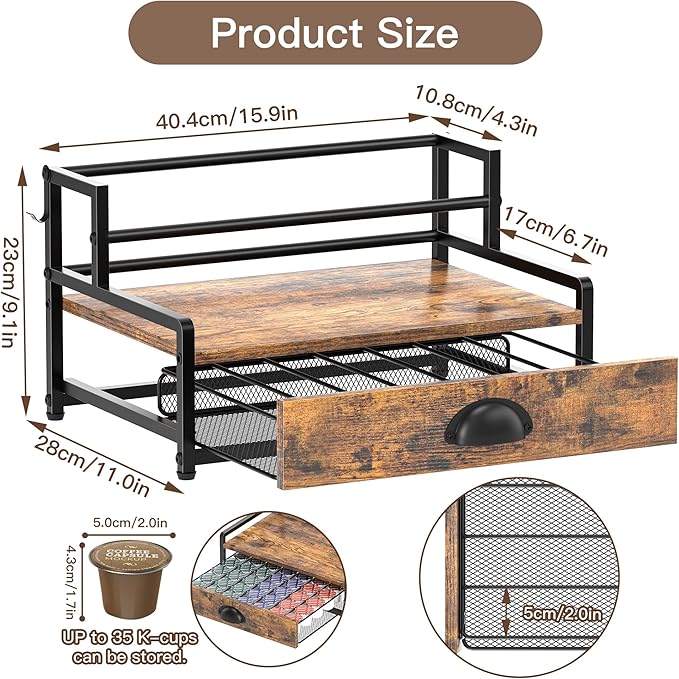 Coffee Syrup Rack Organizer, Coffee Pod Holder for Countertop, 8 Syrup Bottles Stand with Storage Drawer for 35 K Cups, Coffee Pod Drawer for Coffee Station, Home, Kitchen, Office, Dorm, Rustic Brown