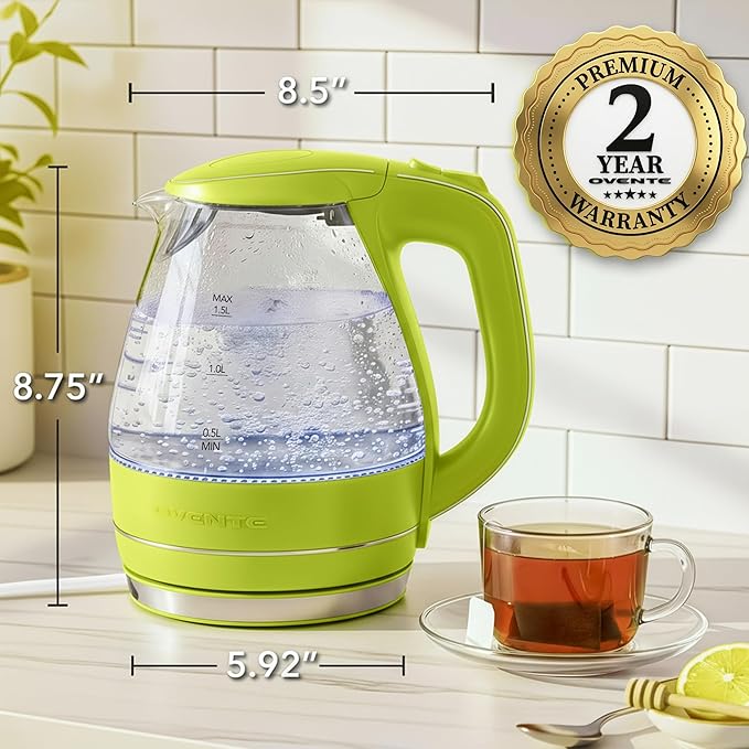OVENTE Electric Kettle, 1.5L Borosilicate Glass Countertop Water Heater and Boiler for Coffee or Tea, BPA-Free, Auto Shut-Off,  Boil-Dry Protection, Removable and Washable Spout Filter, Green KG83G