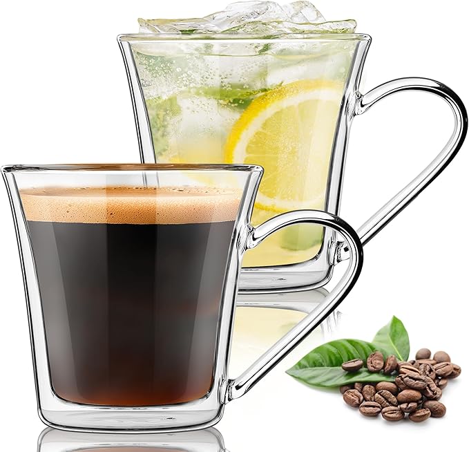 Joeyan 12oz Glass Coffee Mugs, Double Walled Insulated Coffee Mug Set of 2, Clear Glass Latte Cappuccino Espresso Cups with Handle for Home Office, Tea,Beer, Iced Coffee, Hot Chocolate& Gift