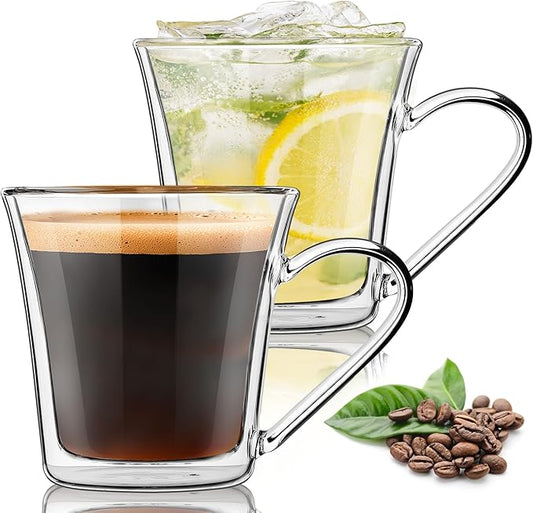Joeyan 12oz Glass Coffee Mugs, Double Walled Insulated Coffee Mug Set of 2, Clear Glass Latte Cappuccino Espresso Cups with Handle for Home Office, Tea,Beer, Iced Coffee, Hot Chocolate& Gift