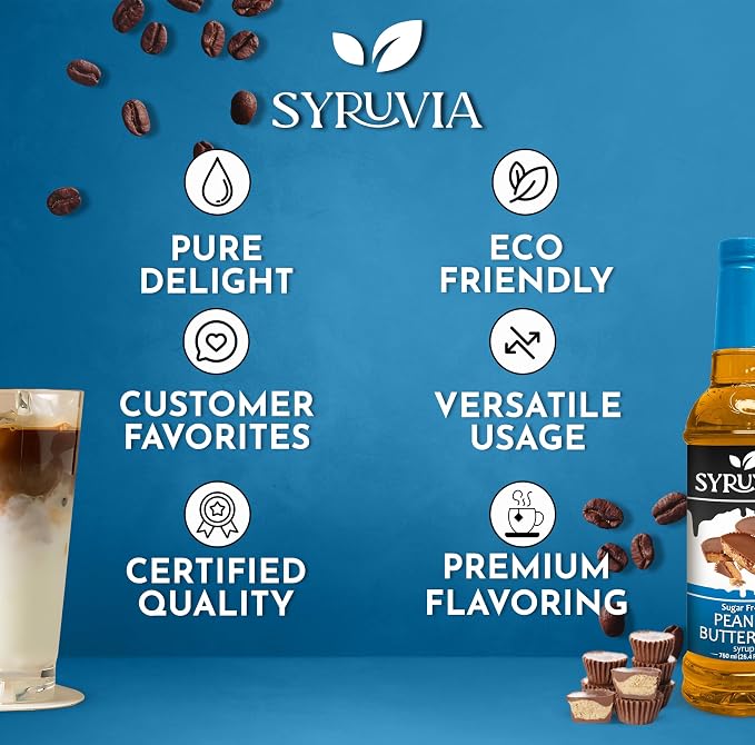 Syruvia Sugar Free Coffee Syrup, Peanut Butter Cup Flavored Syrup for Drinks, Lattes, and Desserts – 25.4 fl oz, With Pump - Image 5