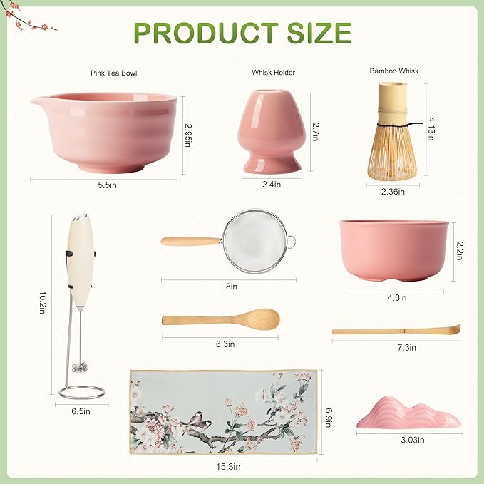 FEXIA 10 Pcs Matcha Whisk Set, Matcha Making Kit, Powerful Milk Frother Wand, Bowl With Spout, Bamboo Whisk, Whisk Holder, Stainless Sifter, Spoon for Japanese Traditional Tea Tools Gift (Pink)