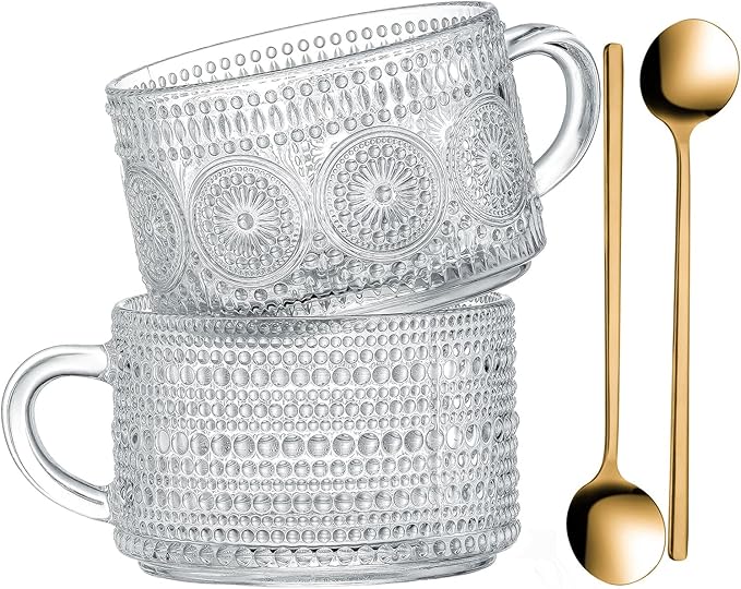 Gezzeny Vintage Glass Coffee Mugs 14 Oz Set of 2 Clear Embossed Tea Cups, Glass Coffee Cups for Cappuccino, Latte, Cereal, Yogurt, Beverage Christmas Thanksgiving Gifts