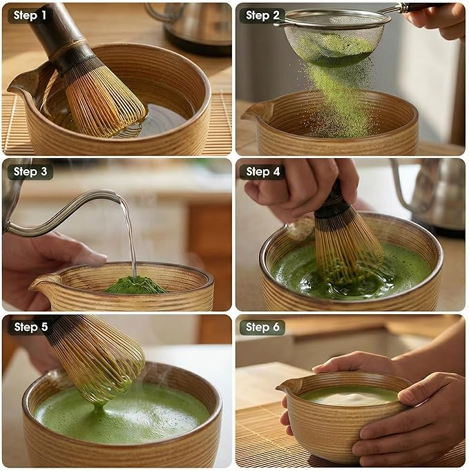 Matcha Whisk Set, 7-Piece Matcha Kit with Ceramic Matcha Bowl, Bamboo Whisk, Scoop & Sifter - Complete Matcha Tea Set Perfect for Beginners & Matcha Lovers, Brown