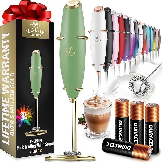 Zulay Kitchen Powerful Milk Frother Wand With 4 AA Duracell Batteries - Ultra Fast Handheld Drink Mixer - Electric Whisk Foam Maker for Coffee, Lattes, Cappuccino, Matcha & Creamer