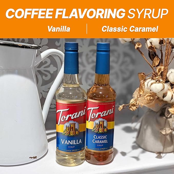 Torani Coffee Syrup Variety Pack - Vanilla and Caramel Syrup for Coffee with 2 Jimoco Syrup Pump Dispenser Compatible with Torani Syrup