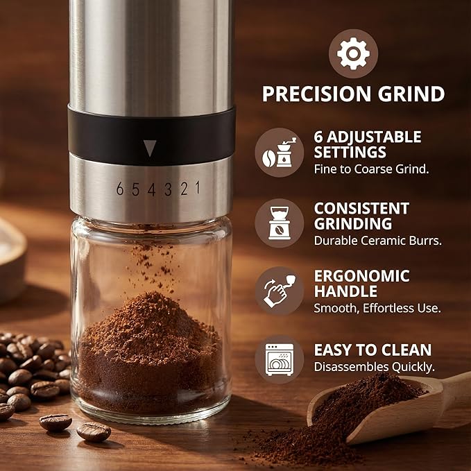 Manual Coffee Grinder – Professional Stainless Steel Burr Mill with 6 Adjustable Settings – Portable Hand Crank Grinder for Espresso to French Press – Glass Grounds Container & Ergonomic Wooden Handle