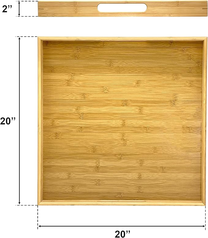 Bam & Boo 20" x 20" x 2" Square Natural Bamboo Ottoman Tray with Handles, Bamboo