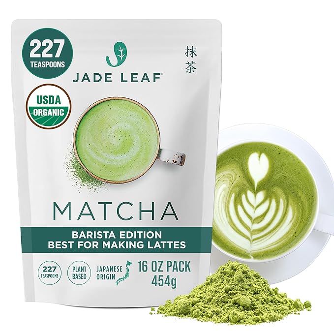 Jade Leaf Matcha Organic Barista Blend Ceremonial Grade Matcha Green Tea Powder - 100% Pure Japanese First Harvest Green Tea for Lattes from Uji and Kagoshima, 454g / 16 Ounce Bulk Pouch (Pack of 1)