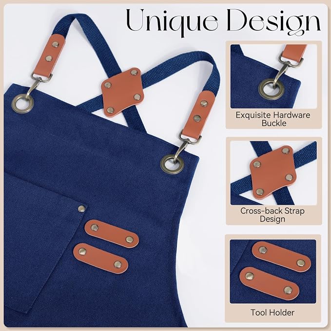 Chef Aprons for Men Women with Large Pockets, Cotton Canvas Water Repellent Kitchen Apron for Cooking - Image 3