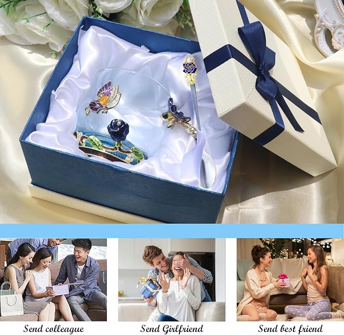 Flower Tea Cup,Butterfly Rose Clear Glass Fancy Coffee Mug with Spoon,Gift Box for Her Mom Wife Grandma Girls Women Christmas Birthday Present Idea for Juice,Hot And Cold Drinks Use