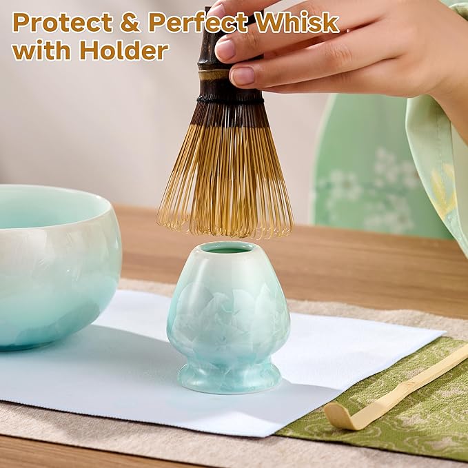 Matcha Whisk Set – Crystalline Glaze Bowl, Bamboo Whisk & Holder, Scoop & Sifter with Holder, Cup with Lid & Straw, Ice Cube Tray & Tea Towel – Blue Matcha Gift Set for Women, Women Gifts