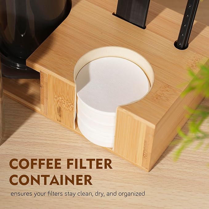 RECAPS Compact Bamboo Storage Organizer Stand Holder Compatible with AeroPress Original/Clear Coffee Maker, Spill-Resistant Coffee Caddy with Non-Slip Pads & Accessory Slots (Fit 64mm Filters)