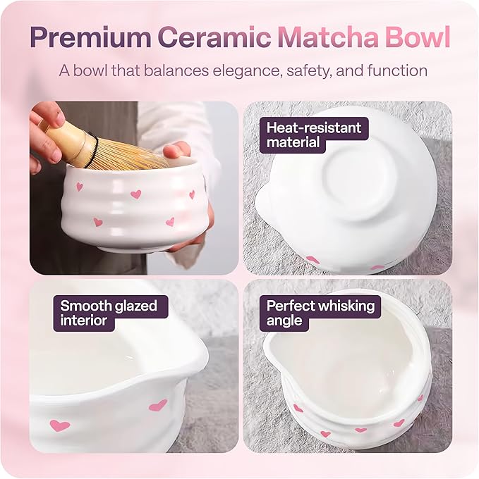 Matcha Whisk Set with Pink Hearts - 6 Piece Ceramic Matcha Set with a Bowl, Whisk, Stand, Spoon and Sifter - Designed in the UK - Gift Set