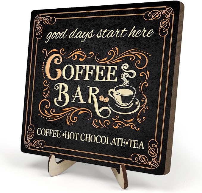 Vintage Coffee Bar Decor Sign,Rustic Wooden Plaque for Java Station, Kitchen,Cafe or Tea Corner, Funny Jave Gift for Coffee Lovers (Black, 5.9x5.9inches)