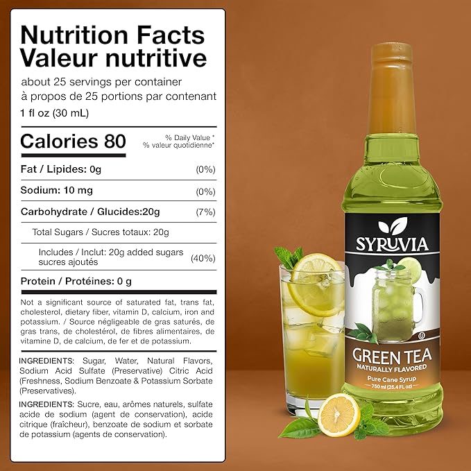 Syruvia Green Tea Syrup, Natural Flavors, Syrup for Drinks, Lattes, and Desserts – 25.4 fl oz