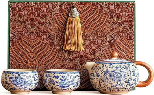 Floral Tea Pot & Tea Cup Set, Classic Blue and White Porcelain, Ice Crack Glaze, Chinese Kungfu Teapot and Teacups Set, Gift Box Packaging