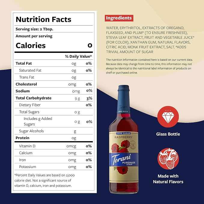 Torani Zero Sugar Puremade Syrup, Raspberry Flavoring for Drinks, Glass Bottle with Pump Included, 25.4 Fl Oz - Image 2