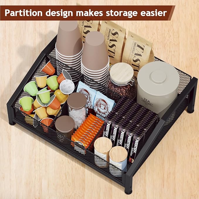 Homsorout Coffee Station Organizer - Coffee Bar Organizer with Removable Dividers for Pods Condiment Syrup Tea Stirrers, K Cup Holder for Kitchen, Office, Home, Countertop, Black