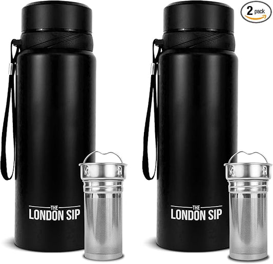 The London Sip 25 oz Multi-Function Travel Mug and Tumbler Tea Infuser Water Bottle Fruit Infused Flask Hot and Cold Double Wall Stainless Steel Coffee Thermos, Zen Black, Pack of 2