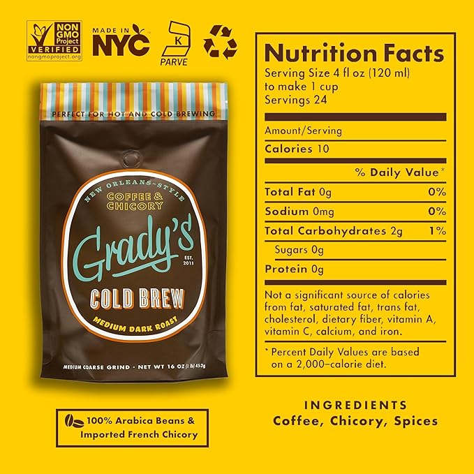 GRADY'S COLD BREW, New Orleans Style, 100% Arabica Medium Dark Roast Coffee & Chicory, Ground for Hot Coffee and Cold Brew, One pound bag