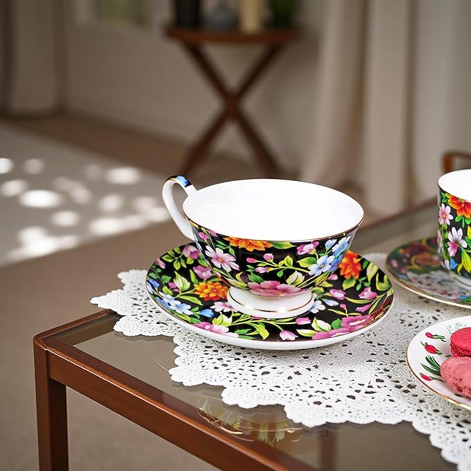 Tea cup and Saucer Set Royal Garden Style Tea Coffee Cup with Saucer 7 Ounces Bone China Teacup and saucer Set(Black)