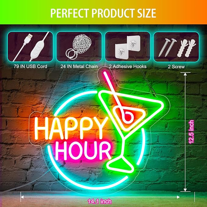 Basaneon Happy Hour Neon Sign Dimmable Led Happy Hour Neon Bar Signs for Home Bar, USB Powered Bright Cocktails Happy Hour Neon Signs for Wall Decor Bar Pub Man Cave Party Art Decor(14.1*12.5inches)