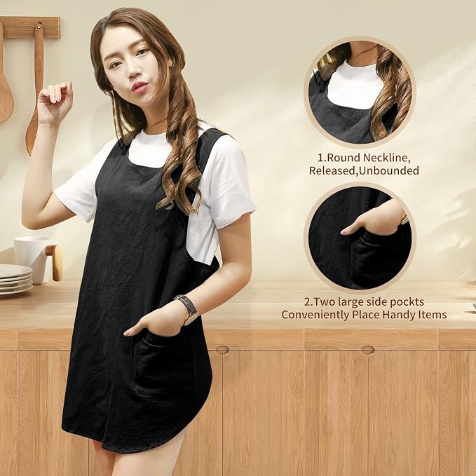 Shortened Design Apron, Japanese Style Soft Cotton Linen Apron with Two Side Pockets, X Cross Halter Aprons, Kitchen Cooking Clothes Present for Women DIY Project, Crafting, Cooking, Baking(Black) - Image 2