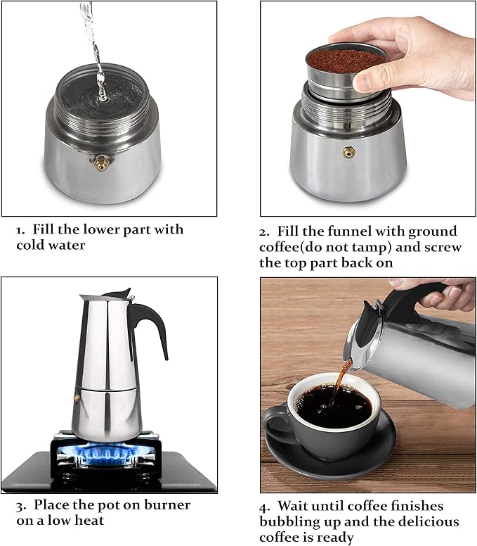 elabo Stovetop Espresso Machine and Moka Pot for Gas or Electric Ceramic Stovetop, Italian Espresso Coffee Shot Maker for Italian Espresso, Cappuccino and Latte, Stainless Steel 304, 10 Cups