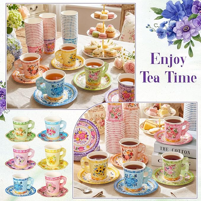 Nuogo 300Pcs Floral Paper Tea Cups and Saucers 7 OZ Disposable Tea Cup with Handle and Plates for Party Supplies Wedding Birthday Baby Shower Bridal Mother's Day, Serve 150 Guest(Elegant Color)