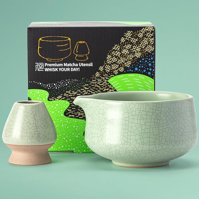 TEANAGOO Matcha Bowl with Spout,Ceramic Matcha Bowl Set and Whisk Holder, Green Tea Bowl, 2 PCS Macha Chawan 17.2oz/510ml,Matte Light Green with Black Seam with Stand
