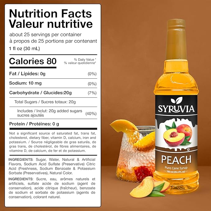 Syruvia Peach Syrup, Flavored Syrup for Drinks, Cocktails, Lemonades, Iced Teas, and Desserts – 25.4 fl oz, With Pump