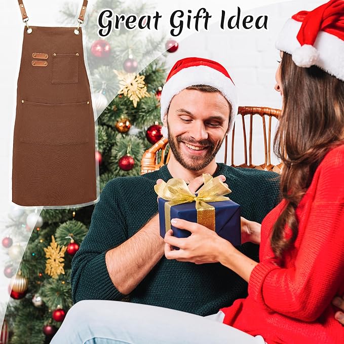 Canvas Aprons, Kitchen Chef Aprons, Work Aprons for Men Women, Adjustable Strap Aprons with 3 Pockets
