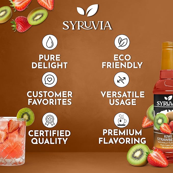 Syruvia Strawberry Kiwi Syrup, Natural Flavors, Syrup for Drinks, Lattes, and Desserts – 25.4 fl oz