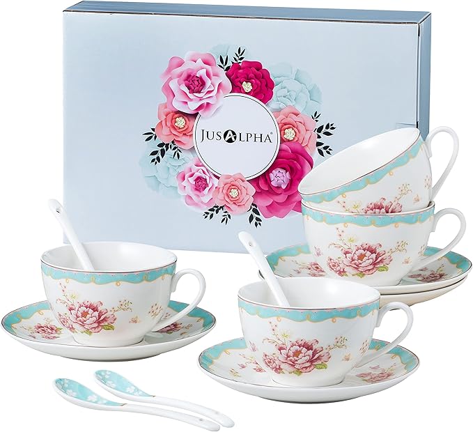 Jusalpha Serve of 4 Vintage Rose China Tea Cup/Coffee Cup Spoon and Saucer Set- 7 Oz, Afternoon Tea Set, Gift for Women TCS29(4)