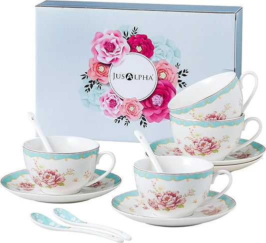 Jusalpha Serve of 4 Vintage Rose China Tea Cup/Coffee Cup Spoon and Saucer Set- 7 Oz, Afternoon Tea Set, Gift for Women TCS29(4)