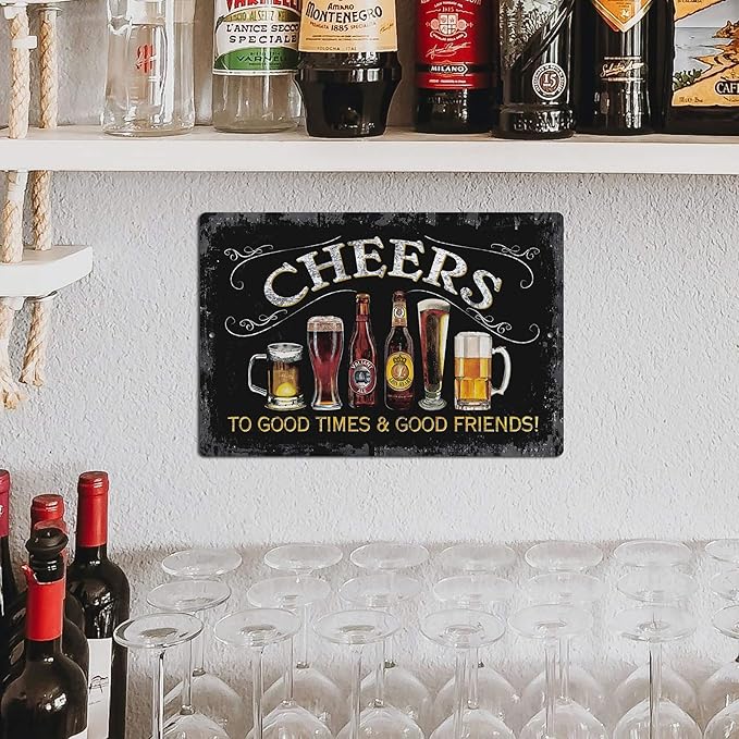 Putuo Decor Cheers Metal Tin Sign, Bar Signs For Home Bar Pub Man Cave Wall Decor To Good Times 8 Good Friends! 8"x12"